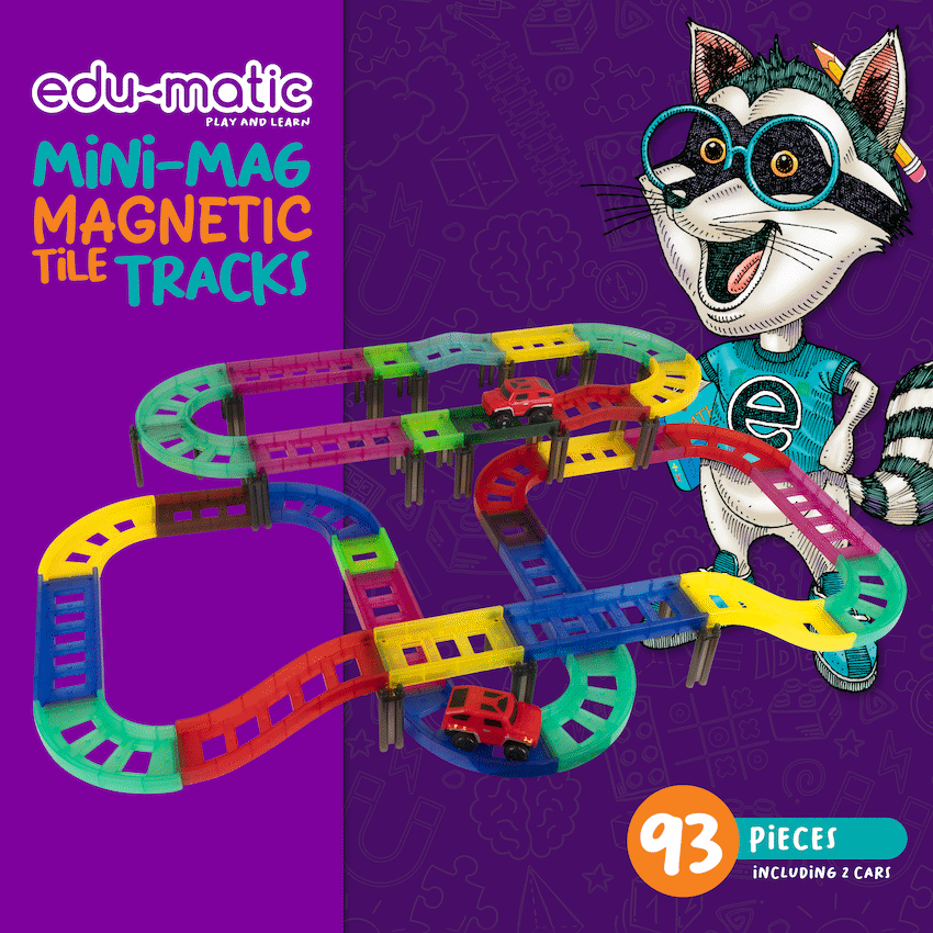 Edu-Matic Mini-Mag Magnetic Tile Tracks with 2 Cars and 93 Pieces - Image 3