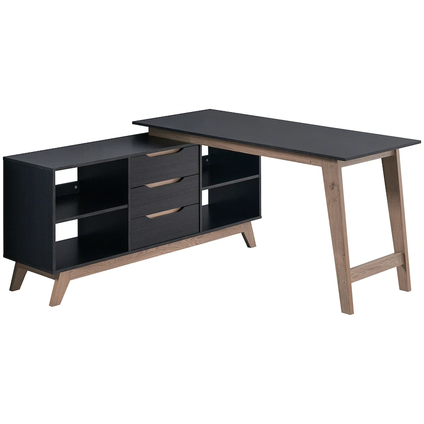 Everfurn Premium Lunar Office Desk - Black, L-Shaped Desk, With Storage