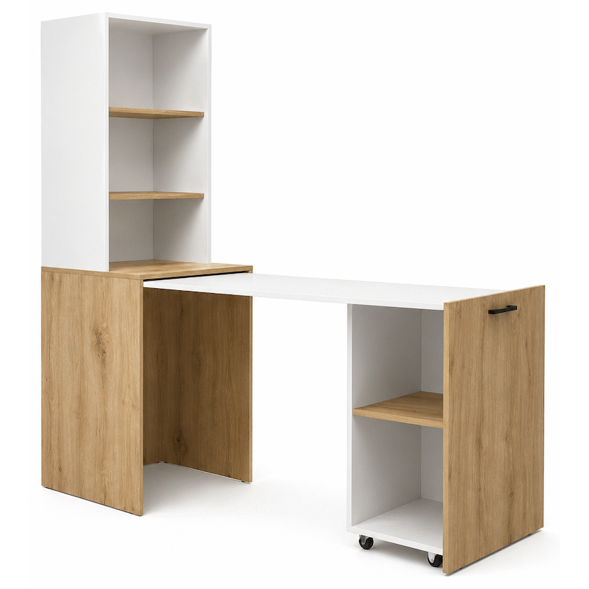 Everfurn Adaptive Desk with Bookshelf - White and Light Oak