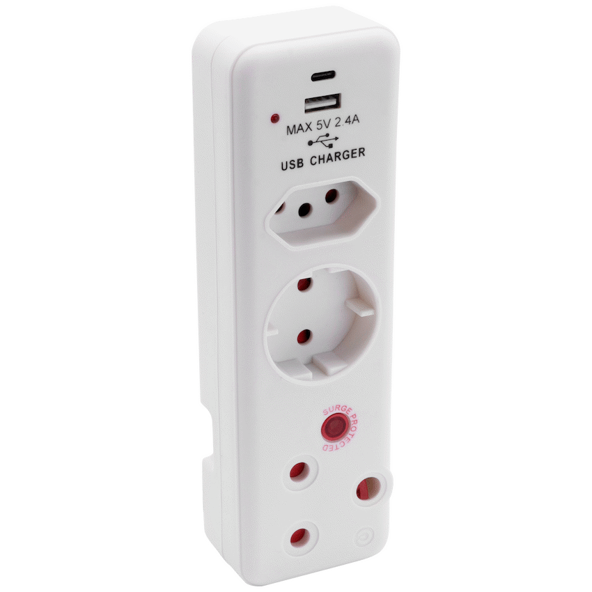 Ellies 3 Way Medium Surge adaptor Schuko,with type C + USB