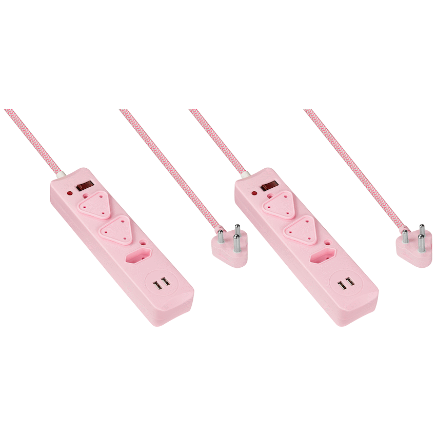 2x 3 Way Surge Multiplug with Dual USBs Pink-0.5M