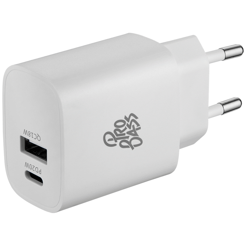 Pro Bass Rapidcharge Series 20w+18w Dual USB and Type-C Wall Charger - White