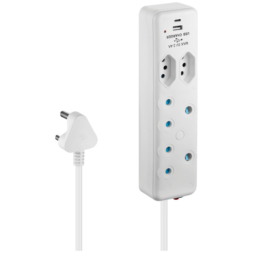Switched 4-Way Extension Lead with 1x Type-C + 1x USB - 2m