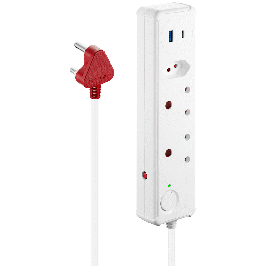 Switched 3-Way Medium Surge-Protected Multiplug with 1x Type-C + 3.4a USB Ports - 0.5m - White