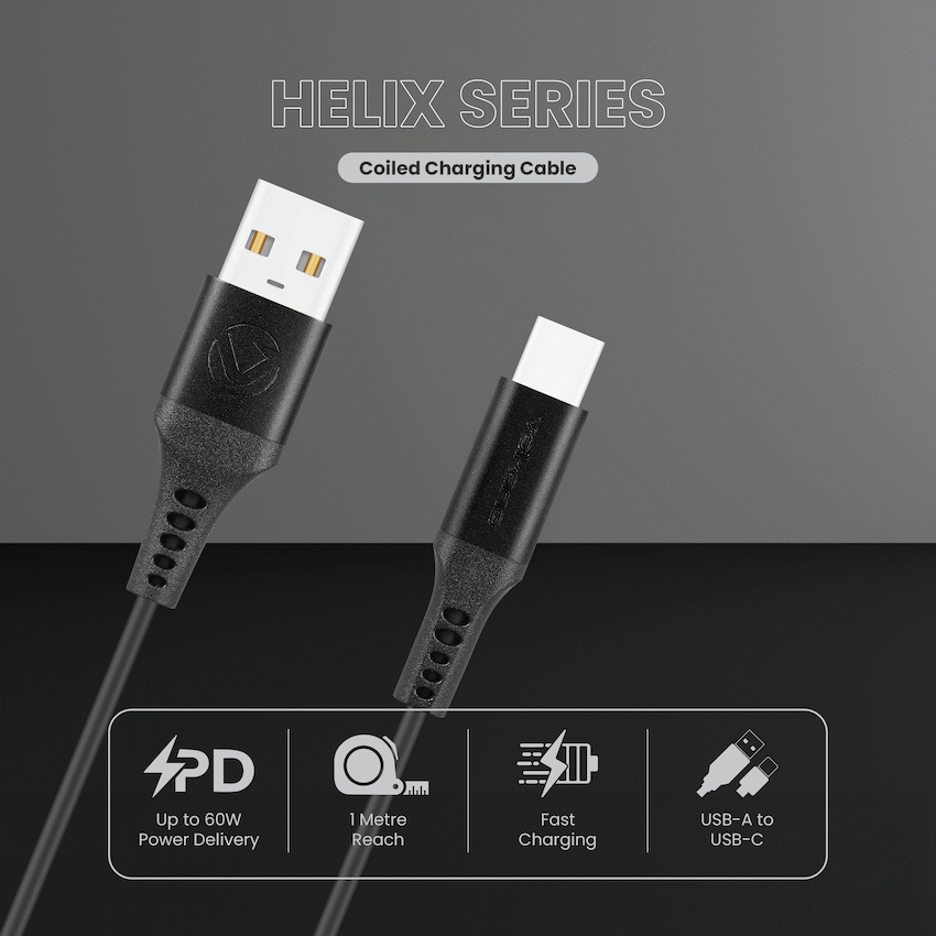 Volkano Helix Series Coiled 1m Charging Cable USB-A To USB-C 60W - Black - Image 3