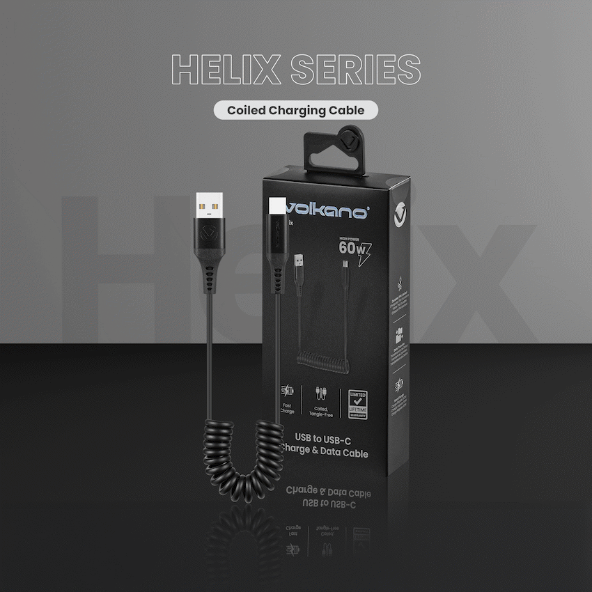 Volkano Helix Series Coiled 1m Charging Cable USB-A To USB-C 60W - Black - Image 5