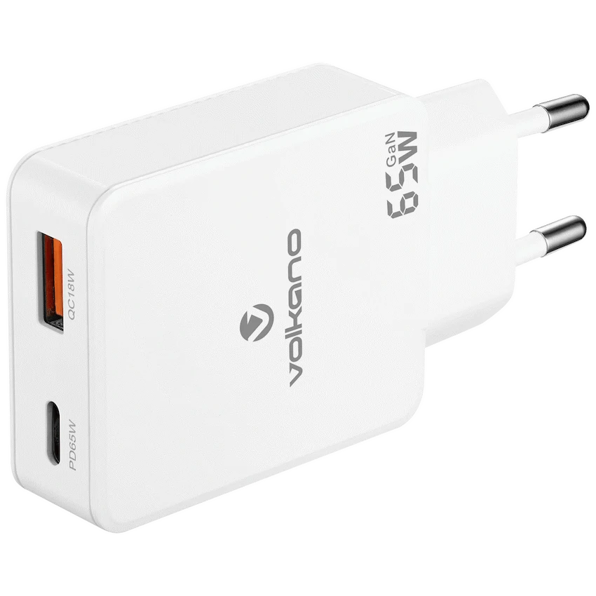 Volkano Potent Duo series 65W Dual USB and USB-C PD Compact Wall Charger