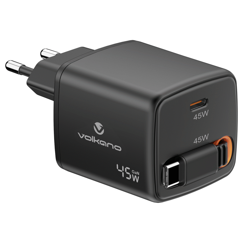 Volkano Sleek Series Fast Wall Charger 45W USB-C with Built-in Retractable 75cm Cable - Black